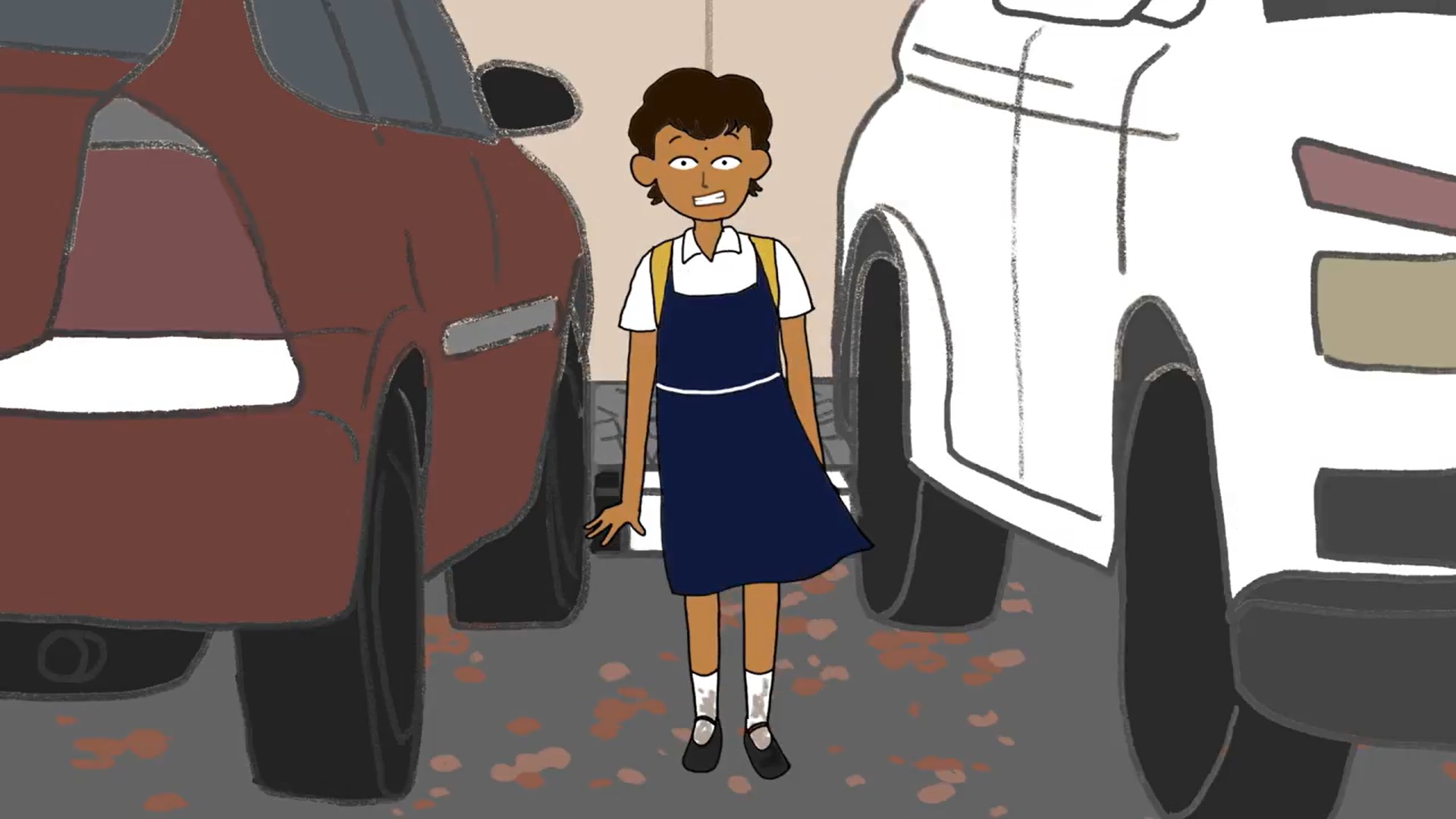 Rinku trying to pick a red flower from the ground when a vehicle zooms past her. Illustration by Susnata Paul for WRI India. Rinku trying to pick a red flower from the ground when a vehicle zooms past her.
