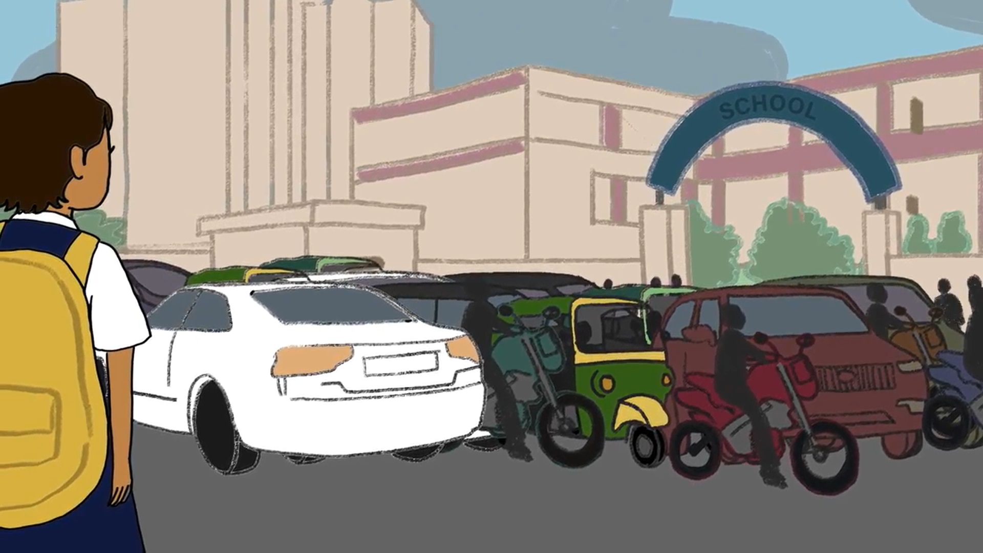 Scores of vehicles block the school gate, making it difficult for Rinku to get inside her school. Illustration by Susnata Paul for WRI India Scores of vehicles block the school gate, making it difficult for Rinku to get inside her school.
