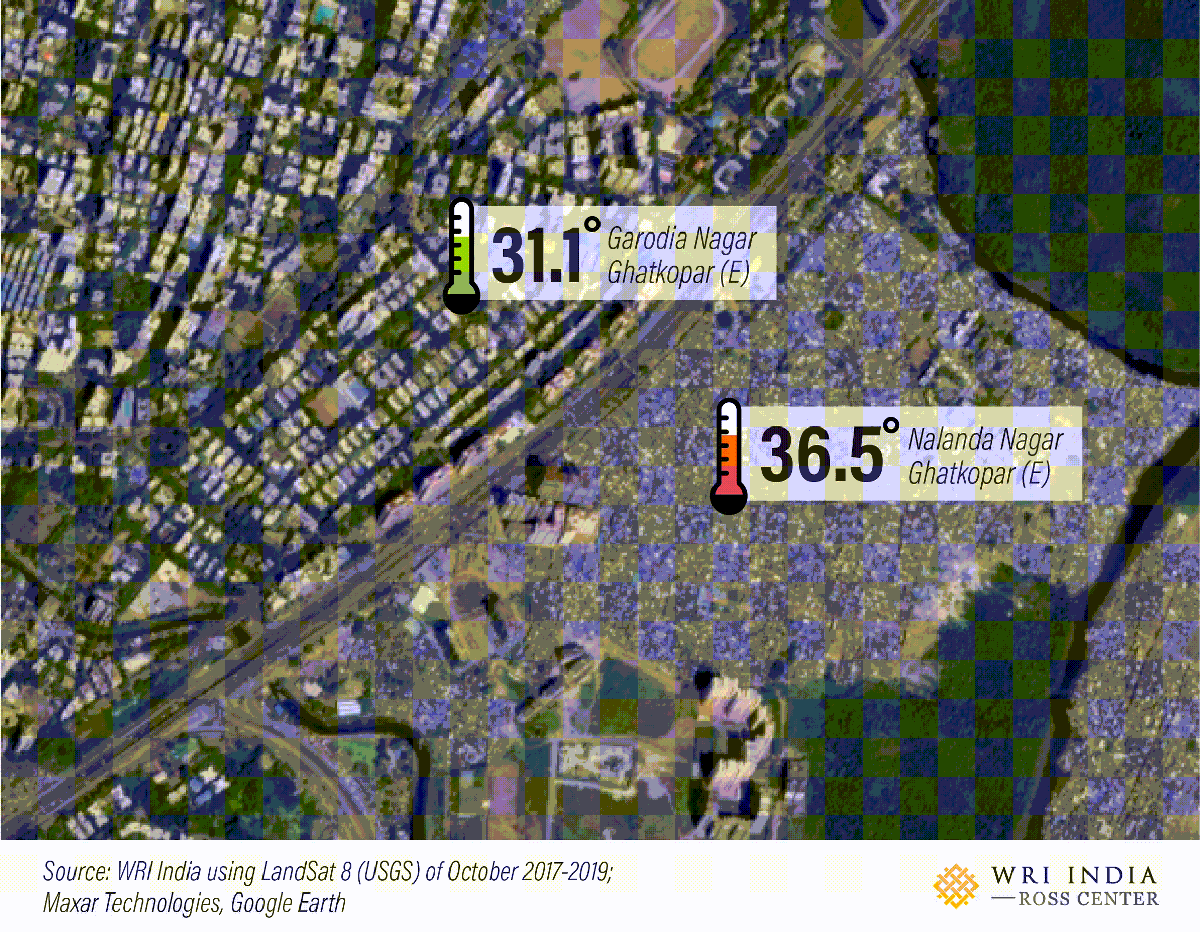 A difference of around 5°C can be observed between low-income and middle-income housing in Ghatkopar, Mumbai. Image by WRI India using LandSat8 (USGS) for October (2017-2019) A difference of around 5°C can be observed between low-income and middle-income housing in Ghatkopar, Mumbai. Image by WRI India using LandSat8 (USGS) for October (2017-2019)