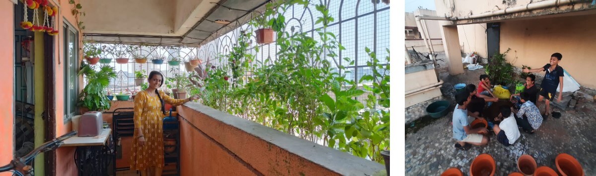 Left: Priya at her balcony garden; Right: Soil preparation with the neighborhood children. Photo by Priya Shinde/Saksham Study and Learning Centre, Tata Institute of Social Sciences Left: Priya at her balcony garden; Right: Soil preparation with the neighborhood children. Photo by Priya Shinde/Saksham Study and Learning Centre, Tata Institute of Social Sciences