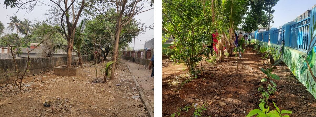 Before (left) and after (right) at Lallubhai compound. A community space with periphery greening and an urban grove. Photo by Shruti Maliwar/WRI India Before (left) and after (right) at Lallubhai compound. A community space with periphery greening and an urban grove. Photo by Shruti Maliwar/WRI India.