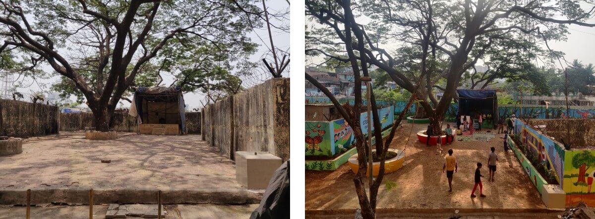 Transforming a derelict space in Lallubhai compound into a green and accessible community area. Photo by Shruti Maliwar/WRI India. Transforming a derelict space in Lallubhai compound into a green and accessible community area. Photo by Shruti Maliwar/WRI India.