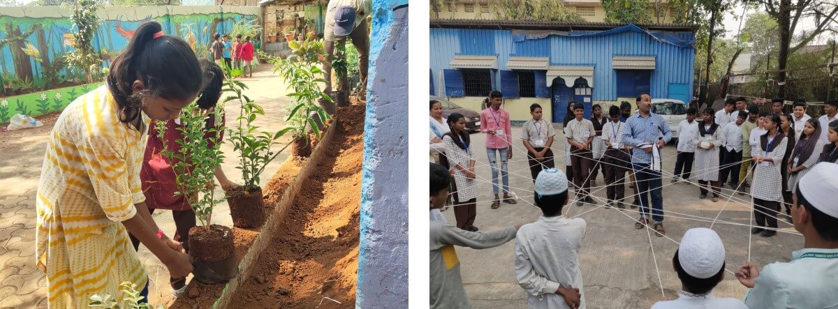 Left: Planting knowledge shared with the youth through co-design sessions. Photo by Prakash Bhaware/YUVA. Right: Learning sessions in municipal schools to increase local biodiversity awareness.Photo by Shruti Maliwar/WRI India. Left: Planting knowledge shared with the youth through co-design sessions. Photo by Prakash Bhaware/YUVA. Right: Learning sessions in municipal schools to increase local biodiversity awareness.Photo by Shruti Maliwar/WRI India.