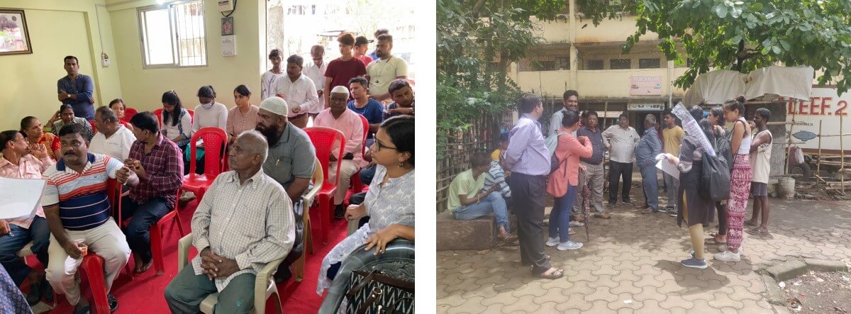 Left: Sessions with local community members to recognize their need for a community garden. Photo by Deepti Talpade/WRI India. Right: Site visits with different departments of the BMC for coordinated implementation. Photo by Shruti Maliwar/WRI India Left: Sessions with local community members to recognize their need for a community garden. Photo by Deepti Talpade/WRI India. Right: Site visits with different departments of the BMC for coordinated implementation. Photo by Shruti Maliwar/WRI India