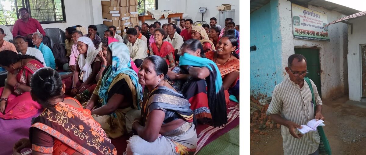 Left: Members of a gram sabha in Korchi block; Right: A tribal resident of Korchi’s Salhe village with his tendu job card outside Korchi Mahagramsabha office. Left: Members of a gram sabha in Korchi block; Right: A tribal resident of Korchi’s Salhe village with his tendu job card outside Korchi Mahagramsabha office.