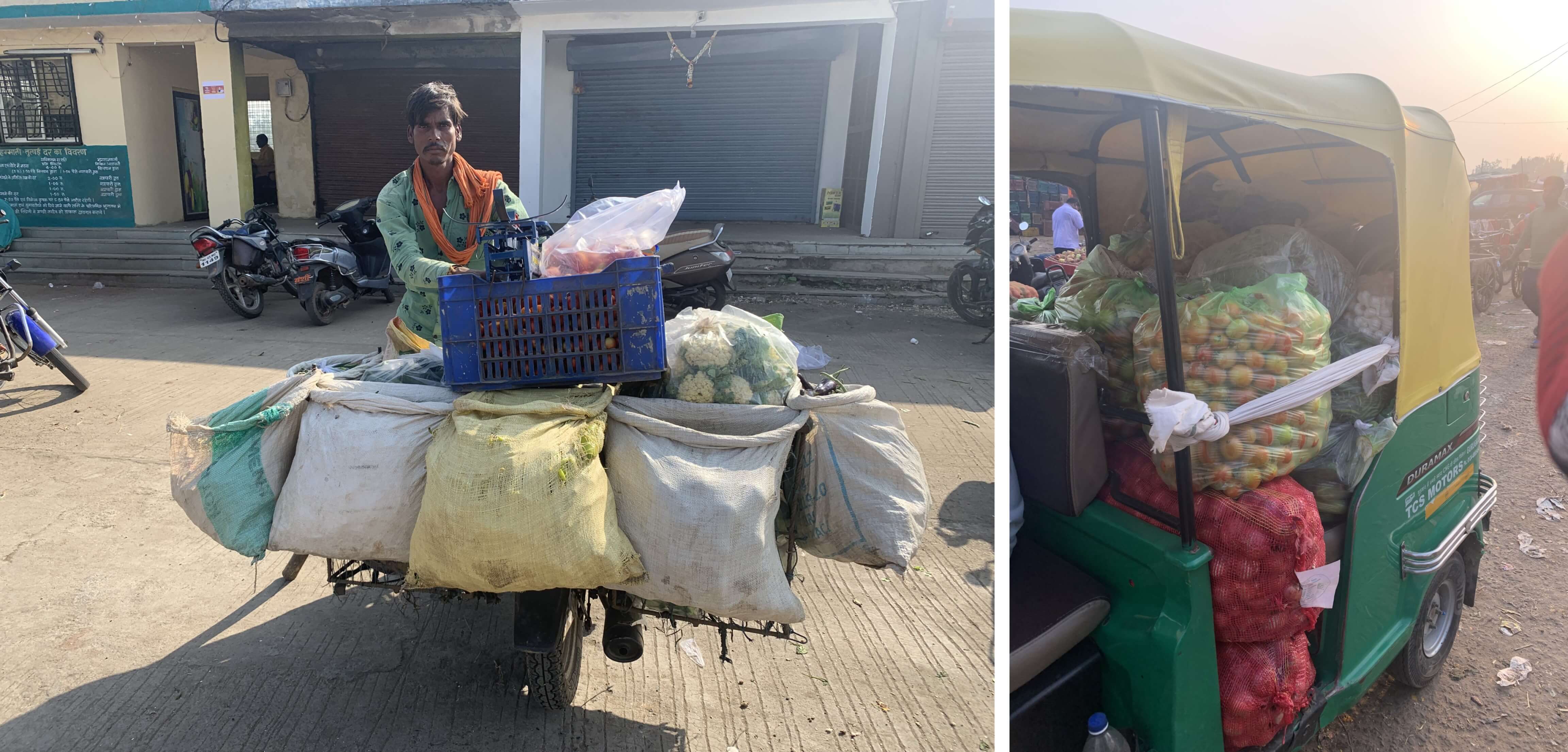 A retailer loads his motorcycle with fresh fruits and vegetables from a local mandi to sell in nearby areas (left) and tomatoes packed in polythene bags ready to be carried to retail vendors (right). Photo by Shweta Lamba/WRI India. A retailer loads his motorcycle with fresh fruits and vegetables from a local mandi to sell in nearby areas (left) and tomatoes packed in polythene bags ready to be carried to retail vendors (right).