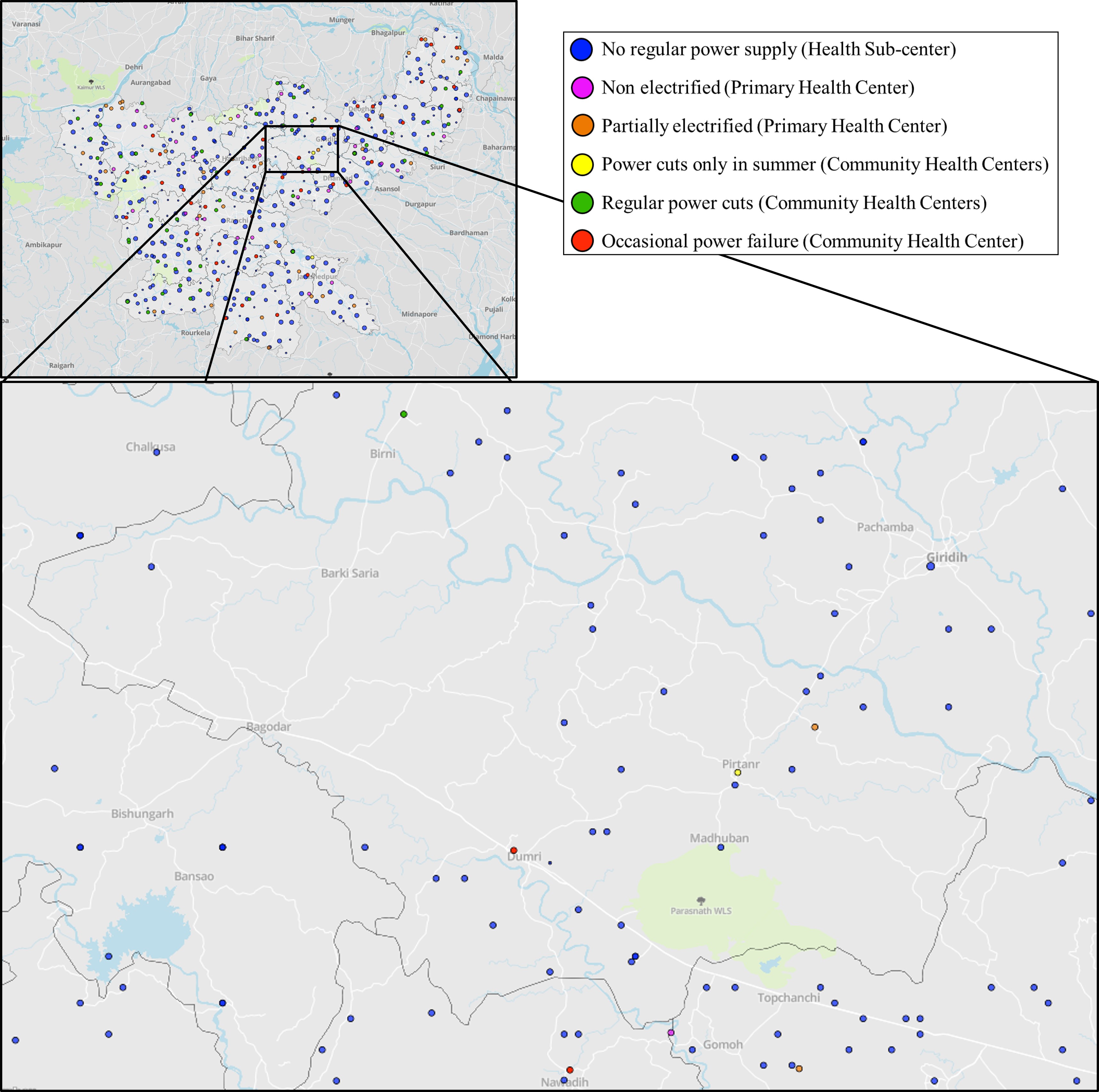 Figure 1: Health facilities which are unelectrified or have irregular power supply across the state. Figure 1: Health facilities which are unelectrified or have irregular power supply across the state.