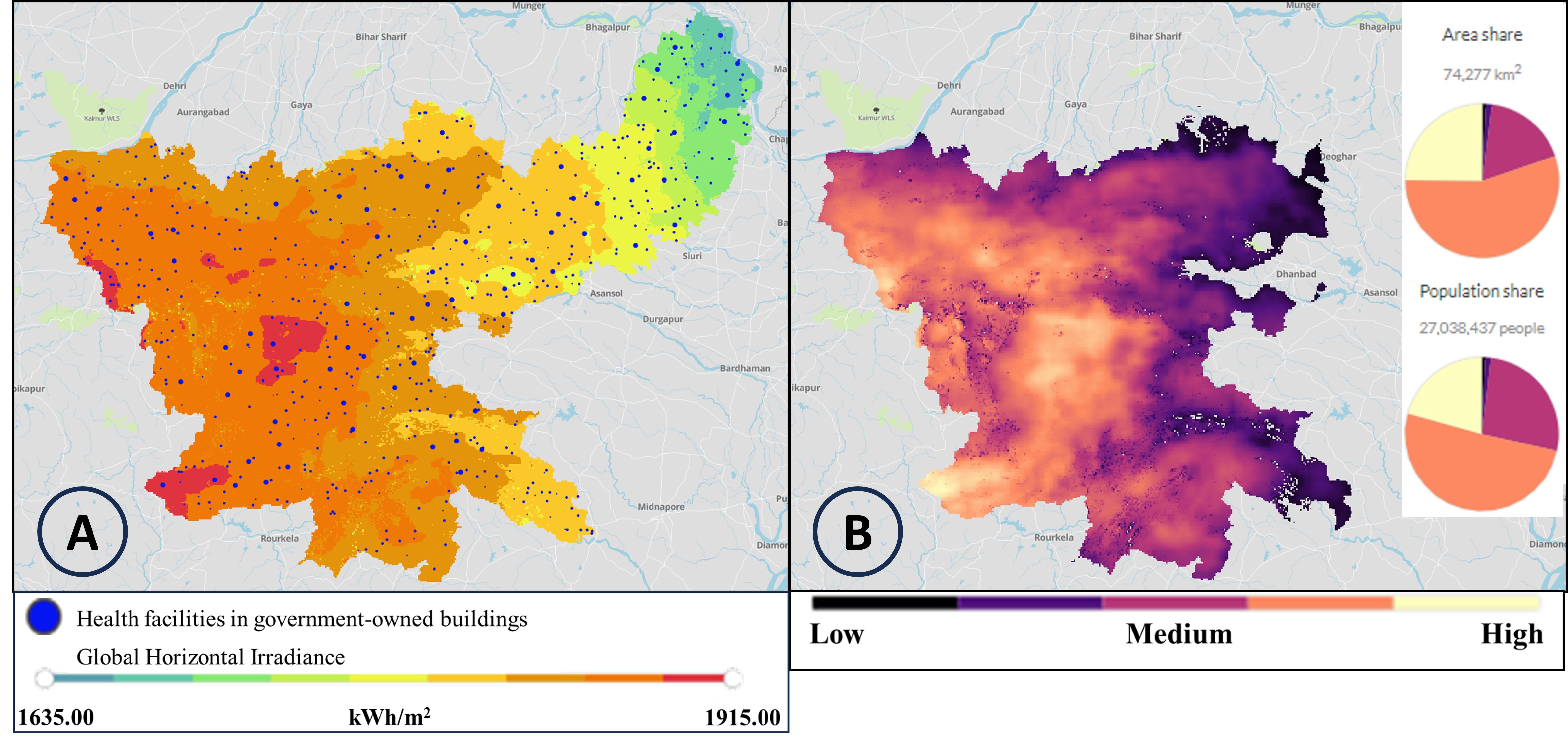 Figure 4:(A) Health facilities in government-owned buildings overlayed with GHI >1800kWh/m2 per
year; (B) Energy Access Potential (lighter color depict higher potential). Figure 4:(A) Health facilities in government-owned buildings overlayed with GHI >1800kWh/m2 per
year; (B) Energy Access Potential (lighter color depict higher potential).