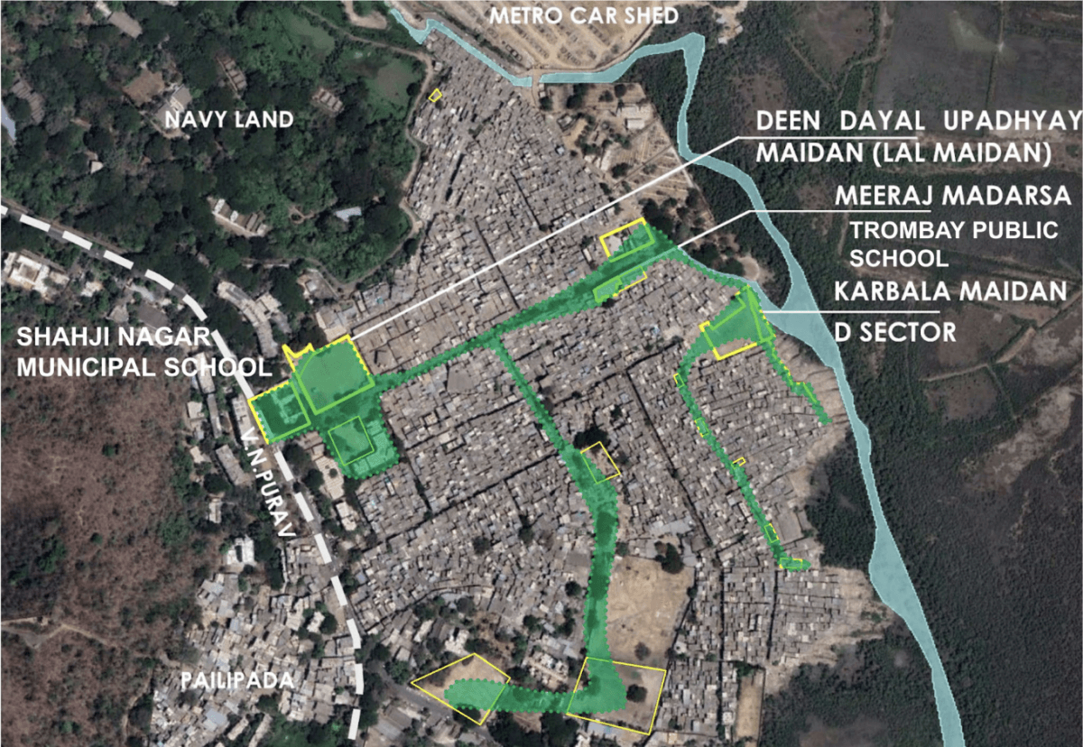 Representative illustration of how multiple small-scale interventions can create green connecting corridors in the future, for Cheeta Camp, Trombay. Illustration by Avinash Kaur/Transforming M Ward Project, TISS. Representative illustration of how multiple small-scale interventions can create green connecting corridors in the future, for Cheeta Camp, Trombay. Illustration by Avinash Kaur/Transforming M Ward Project, TISS.