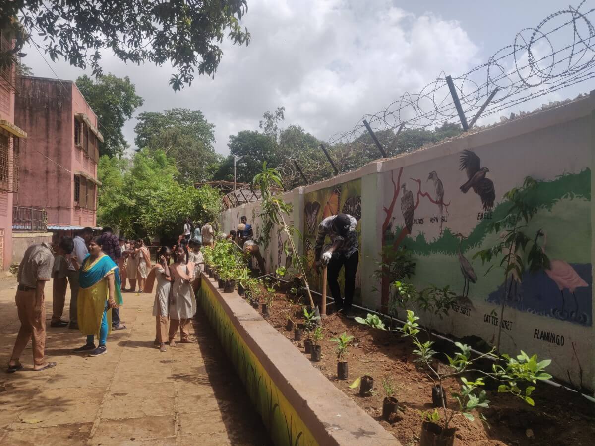 Peripheral greening in Shahaji Nagar School at Cheeta Camp with murals that showcase local ecology. Photo by Peripheral greening in Shahaji Nagar School at Cheeta Camp with murals that showcase local ecology. Photo by WRI India.