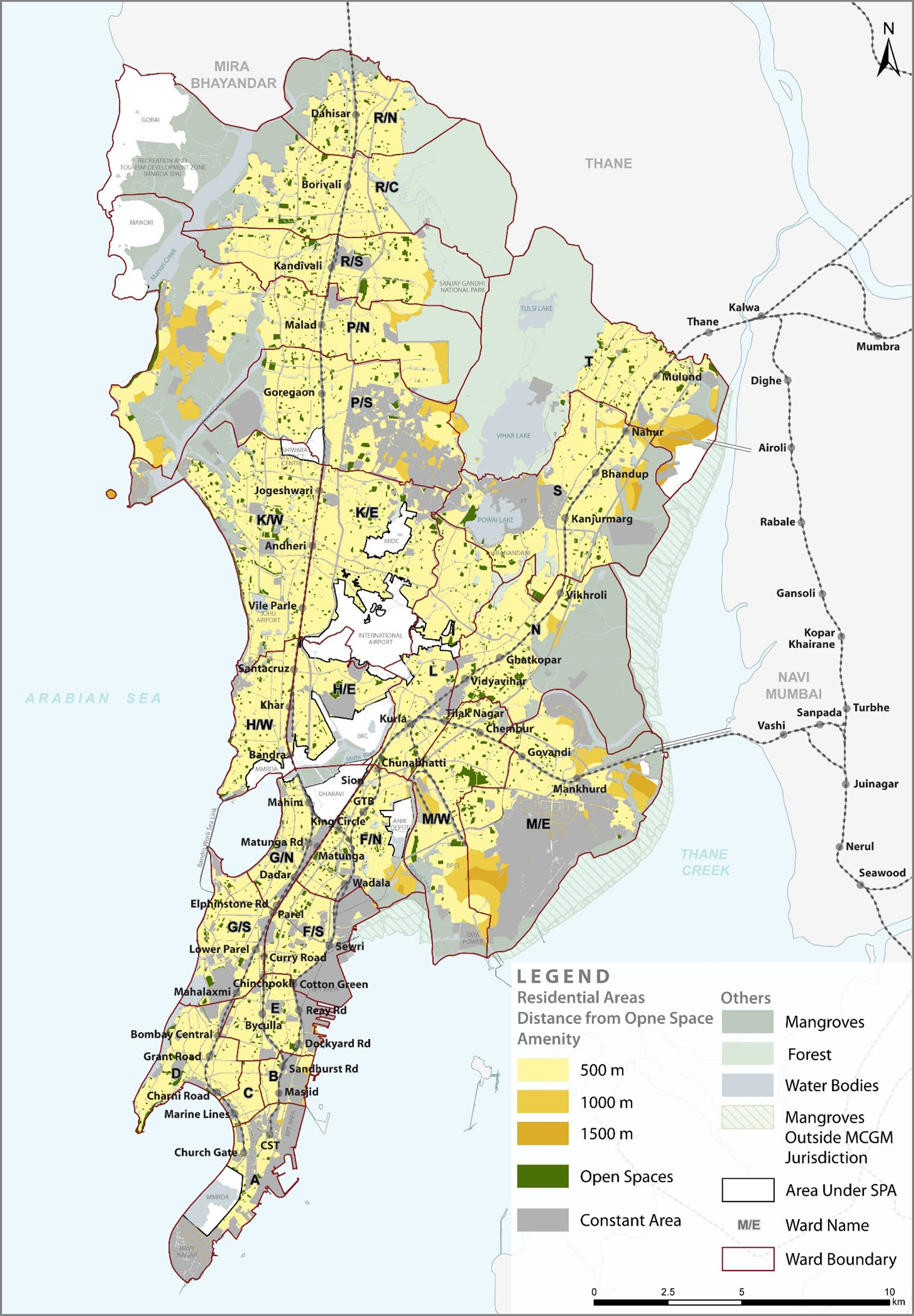 Map 2: Accessibility and spatial distribution of open space in Mumbai, highlighting M/East ward. Map Credit: Development Plan Report of Mumbai, 2014-34. Map 2: Accessibility and spatial distribution of open space in Mumbai, highlighting M/East ward. Map Credit: